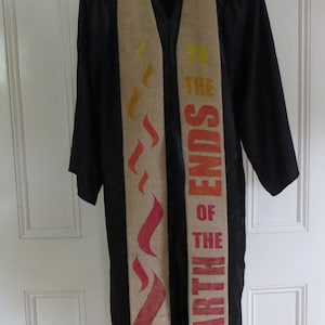 To the ends of the earth reclaimed coffee sack clergy stole for Pentecost and ordination made to order image 3