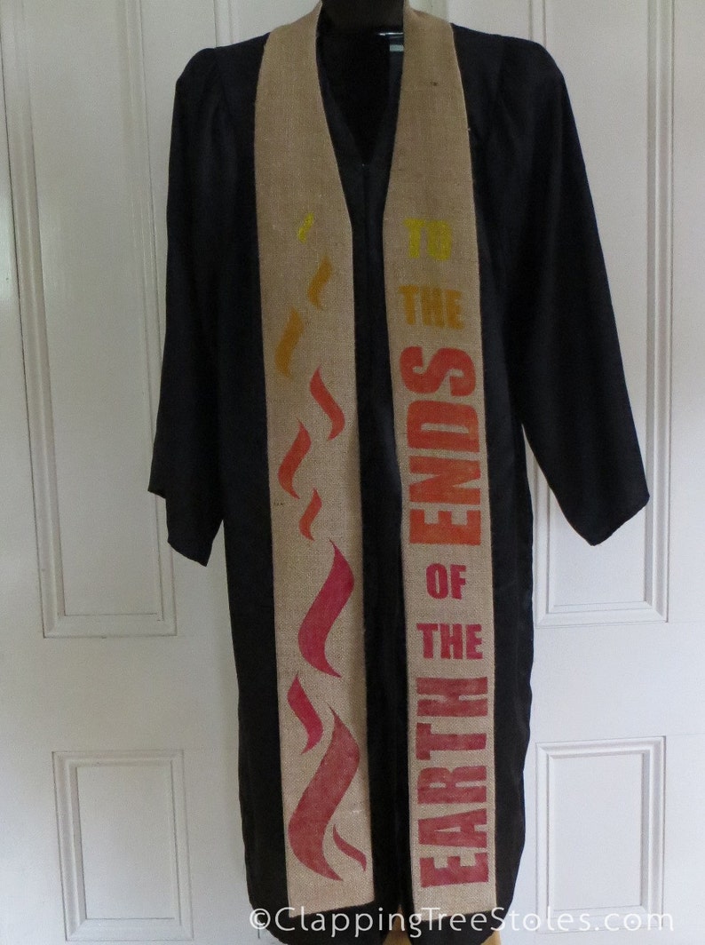 To the ends of the earth reclaimed coffee sack clergy stole for Pentecost and ordination made to order image 3