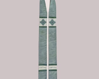 Green clergy stole with hand-dyed fabric and machine embroidered Celtic crosses