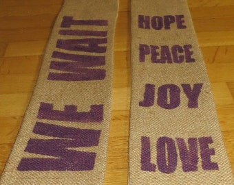 WE WAIT - reclaimed burlap coffee sack for Advent - in blue or purple