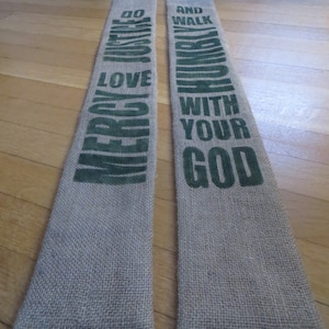 LOVE MERCY - reclaimed burlap coffee sack clergy stole - Do justice, love mercy and walk humbly with your God