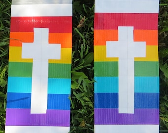 Duct Tape Clergy Stole - silver with white cross on rainbow background