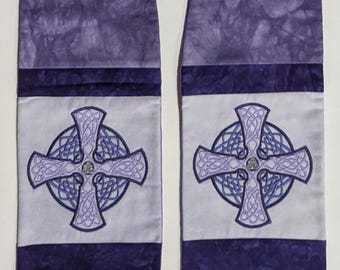 Purple clergy stole with hand-dyed fabric and machine embroidered Celtic crosses - for Lent/Advent