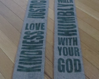 LOVE KINDNESS - reclaimed burlap coffee sack clergy stole - Do justice, love kindness and walk humbly with your God