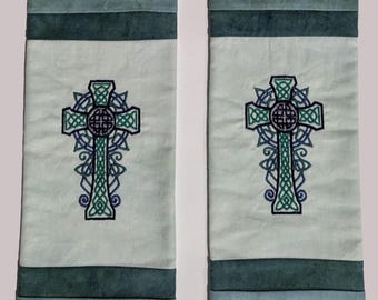 Green clergy stole with hand-dyed fabric and machine embroidered Celtic crosses