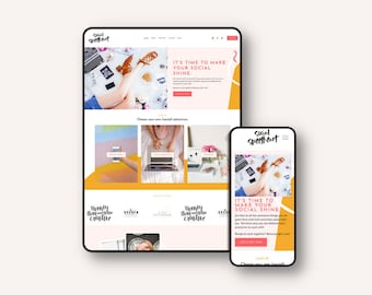 Könnte beinhalten: Ein Screenshot der Website, der die Startseite von "The Social Sweetheart 7.1" mit dem Slogan "Es ist Zeit, dein Social zum Strahlen zu bringen." zeigt. Die Website hat ein helles, farbenfrohes Design mit Bildern von Frauen, die Laptops und Telefone benutzen. Die Website bietet Dienstleistungen an, um Menschen dabei zu helfen, ihre Social-Media-Präsenz auszubauen.