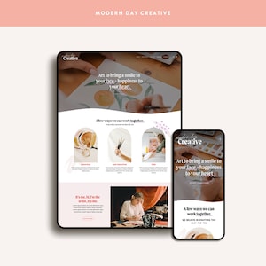 Könnte beinhalten: Eine Website-Startseite für ein kreatives Unternehmen namens "Modern Day Creative". Die Website zeigt ein Aquarellbild von Orangen und Blättern, ein Foto einer Frau beim Malen und Text mit der Aufschrift "Art to bring a smile to your face + happiness to your heart".