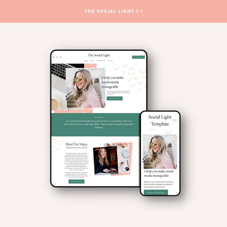 May include: A website screenshot showing a social media strategist's website. The website features a green and white colour scheme with a photo of the strategist in the background. The text on the website reads "The Social Light" and "I help you make social media manageable".