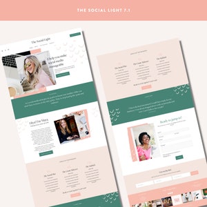 May include: A website homepage for a social media management business called "The Social Light". The website features a pink and green colour scheme with a photo of a woman smiling. The text "I help you make social media manageable" is displayed on the page. The website also includes a call to action to "Get on the list".