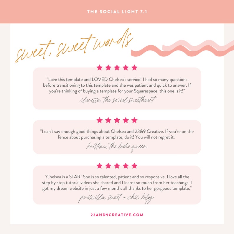 May include: A pink and white graphic with the text "sweet, sweet words" in gold lettering. The graphic features three customer testimonials with five-star ratings and quotes about the quality of the service and products. The text "23AND9CREATIVE.COM" is at the bottom of the graphic.