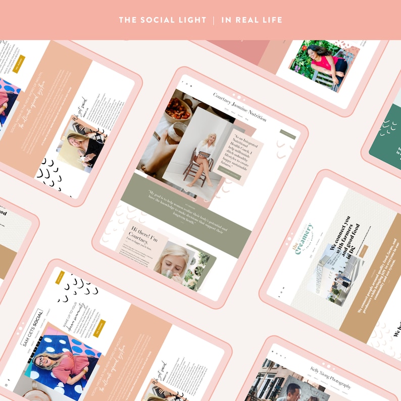 May include: A collage of images showcasing various websites and businesses. The websites are for a nutritionist, a food delivery service, and a photographer. The images are all in a pink and green colour scheme.