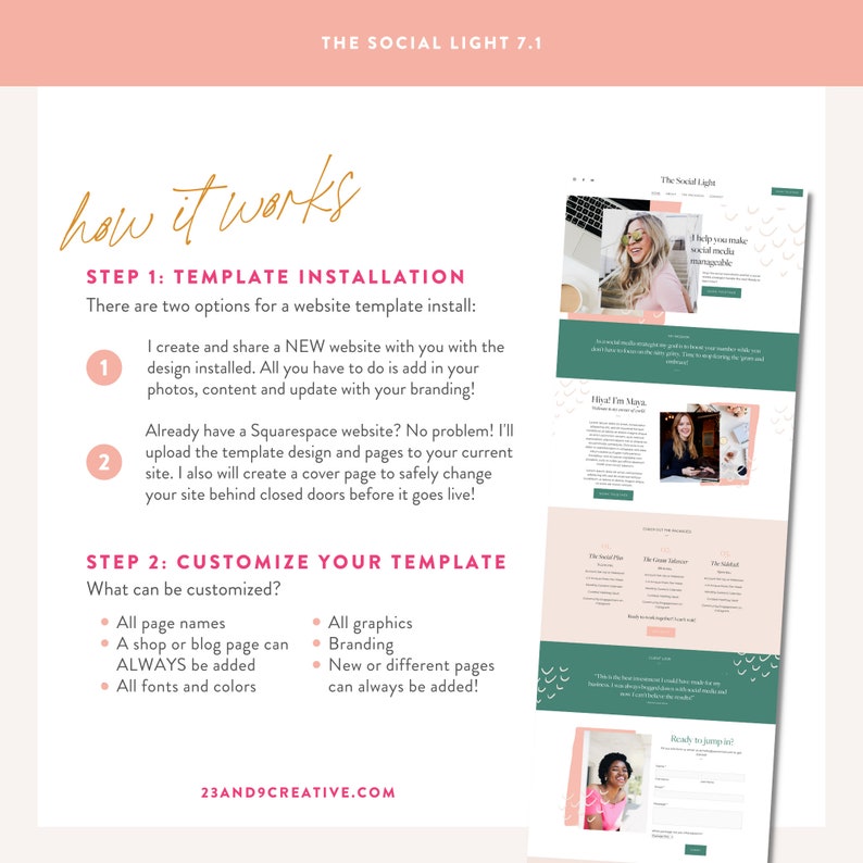 May include: A pink and green graphic with the text "how it works" in white. The graphic explains the two options for installing a website template: creating a new website or uploading the template to an existing Squarespace website. The graphic also lists customization options for the template, including page names, graphics, branding, and fonts.