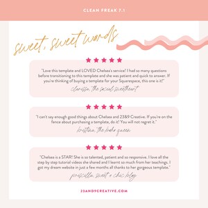 Może przedstawiać: R&oacute;żowo-biała grafika z tekstem "sweet, sweet words" w złotych literach. Grafika zawiera trzy opinie klient&oacute;w z pięciogwiazdkowymi ocenami i cytatami na temat jakości usług i produkt&oacute;w. Grafika zawiera r&oacute;wnież adres strony internetowej "23and9creative.com".