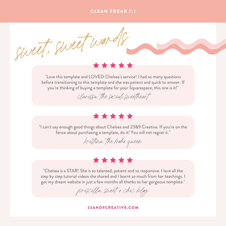 Może przedstawiać: R&oacute;żowo-biała grafika z tekstem "sweet, sweet words" w złotych literach. Grafika zawiera trzy opinie klient&oacute;w z pięciogwiazdkowymi ocenami i cytatami na temat jakości usług i produkt&oacute;w. Grafika zawiera r&oacute;wnież adres strony internetowej "23and9creative.com".