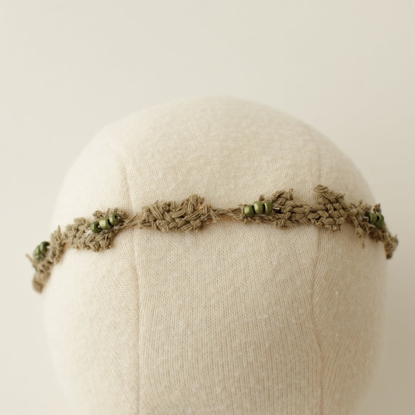 BOHO beaded green headband. newborn size, newborn photography prop, baby headband