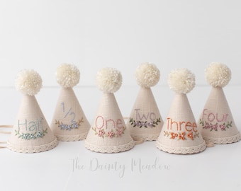 PARTY HAT. Forget-me-not floral cone hat birthday. Photo-Prop. Hand-embroidered hat. Heirloom.
