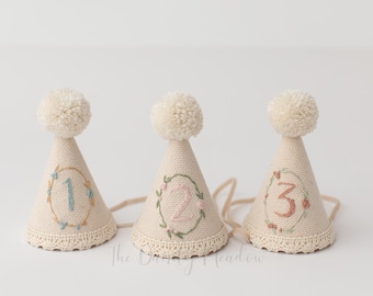 PARTY HAT. Floral frame. party hat. birthday hat. photo prop. hand embroidered hat.