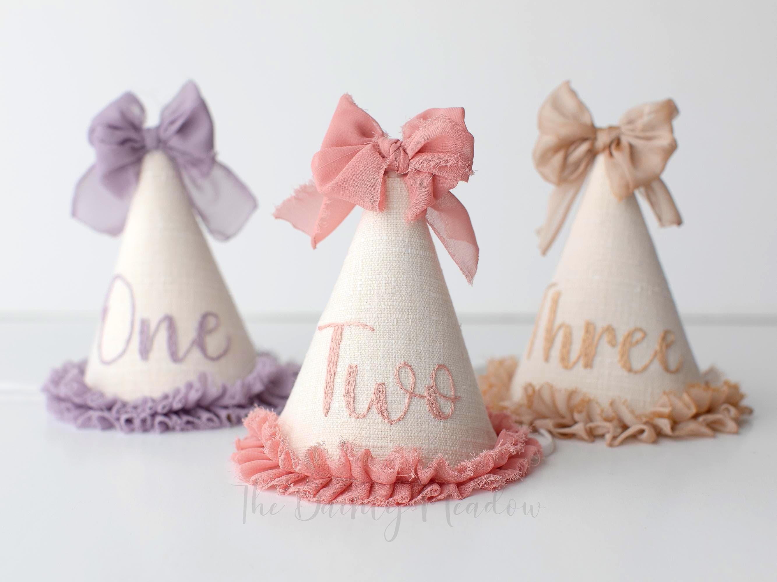 PARTY HAT. Karlie ruffle and bows. party hat. birthday hat. photo prop. hand embroidered hat.