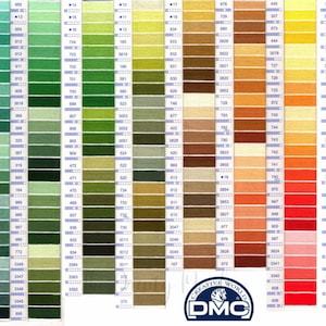 May include: A color chart of DMC embroidery floss, featuring a wide range of hues from greens and blues to reds and browns. The chart is organized with color numbers for easy selection, and the DMC logo is visible.