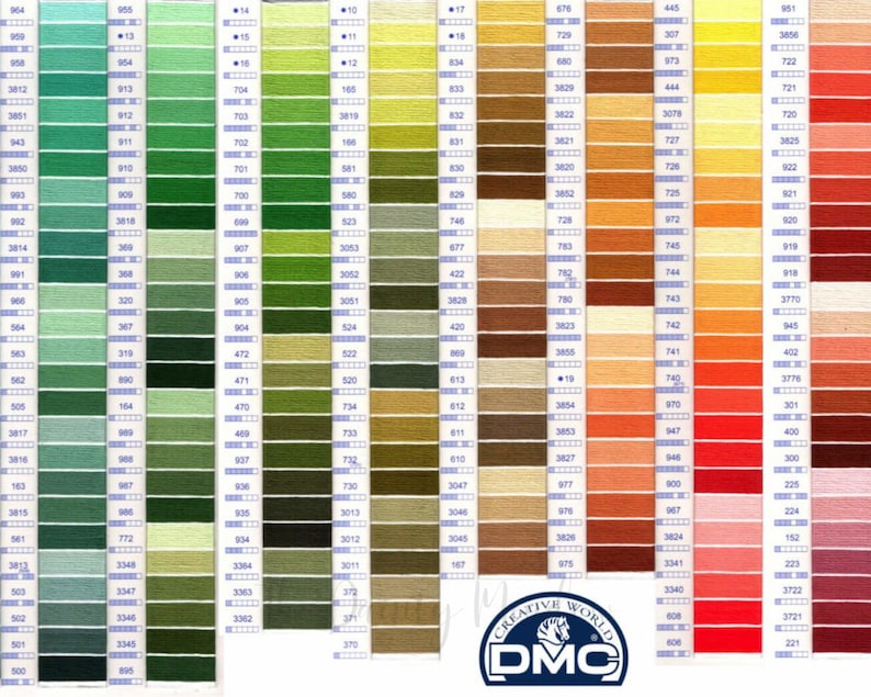 May include: A color chart of DMC embroidery floss, featuring a wide range of hues from greens and blues to reds and browns. The chart is organized with color numbers for easy selection, and the DMC logo is visible.