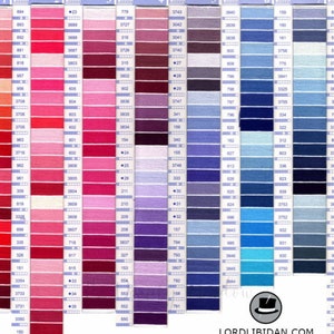 May include: A color chart displaying a wide array of embroidery floss shades. The chart is organized in columns, with each color swatch labeled with a number. The colors range from vibrant reds and pinks to blues and greens.