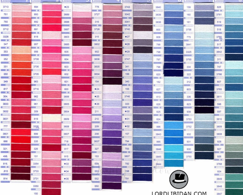 May include: A color chart displaying a wide array of embroidery floss shades. The chart is organized in columns, with each color swatch labeled with a number. The colors range from vibrant reds and pinks to blues and greens.