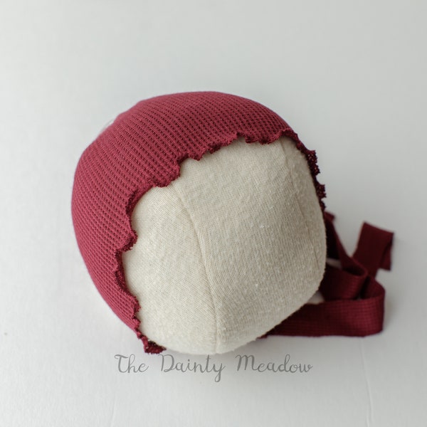 BURGUNDY Thermal jersey ruffled bonnet. newborn photography props. newborn bonnet. vintage style bonnet