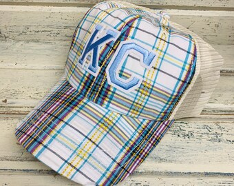 KC Plaid Trucker Hat White Distressed Light Blue Varsity Letters