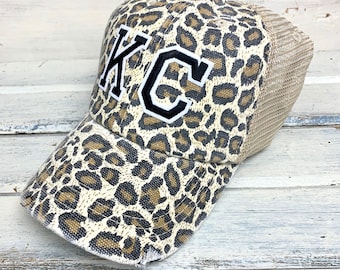 KC Trucker Hat Leopard Print Varsity Letters Light Black