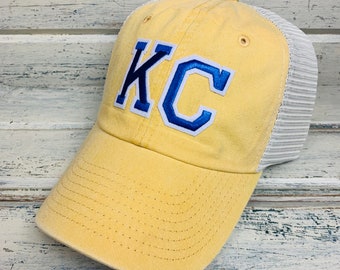 KC Trucker Hat Mustard Yellow Blue Varsity Letters