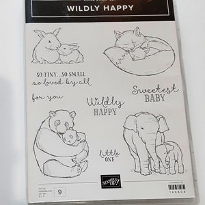 Conjunto de carimbo de borracha de montagem transparente Wildly Happy Cling retirado da Stampin Up