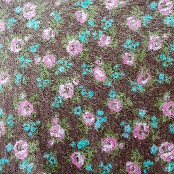Pink and Turquoise Flowers with Chocolate Brown Background Flannel Fabric