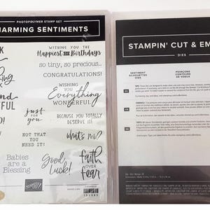 Juego de sellos de goma fotopolímeros con montura transparente Charming Sentiments con troqueles de siluetas de sentimientos retirado de Stampin Up