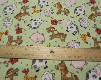 Farm Animals Rooster Chicken Cow Horse Pig Sheep Ducks Cat on Blue Farm Novelty Fabric Farm Animals Comfy Flannel Fabric