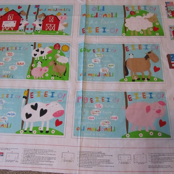 White Old McDonald Had A Farm Cotton Fabric  Book Panel