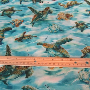 Blue Sea Turtle and Ocean Fish Cotton Fabric By the Yard