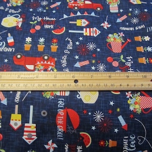 Blue Patriotic/Fourth Of July Picnic/Barbecue/Red Truck Cotton Fabric By The Yard