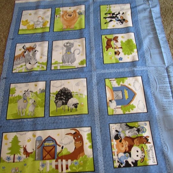 Blue Susiebee Barnyard Blues  Farm Animal Book Cotton Fabric  Book Panel