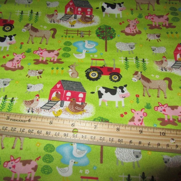 Green Farm Animal/Cow/Pig/Sheep/Duck/Tractor Flannel Fabric by the Yard