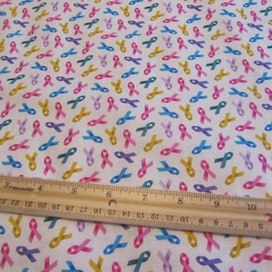 White With Multicolored Ribbons Breast Cancer Awareness Cotton Fabric by the Yard