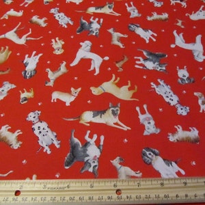 Red With Multicolored Dog Toss Cotton Fabric by the Yard