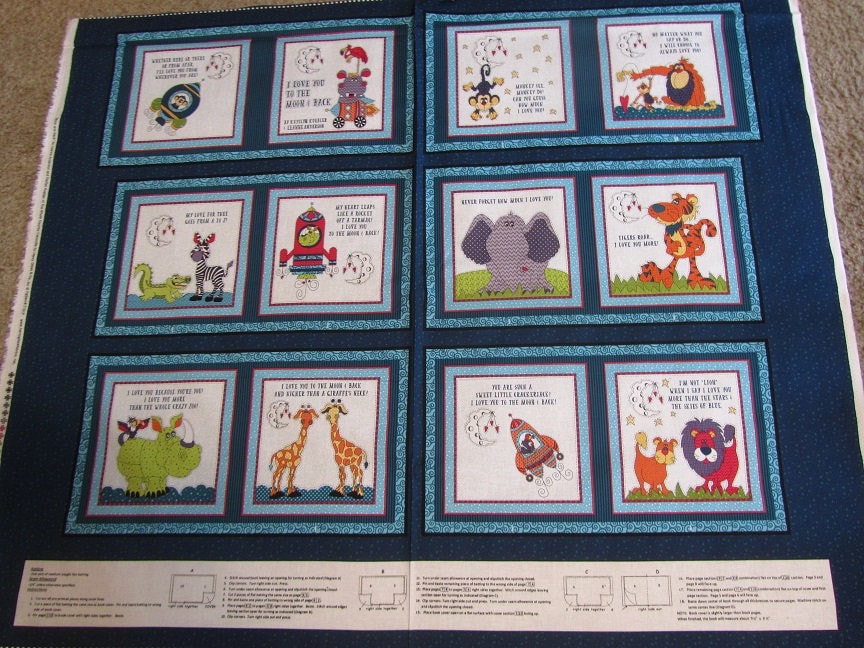 Love You/Moon Animal Cotton Fabric  Book Panel
