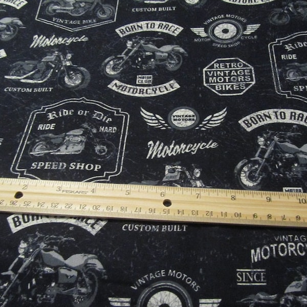 Black Vintage Motorcycle Cotton Fabric by the Yard