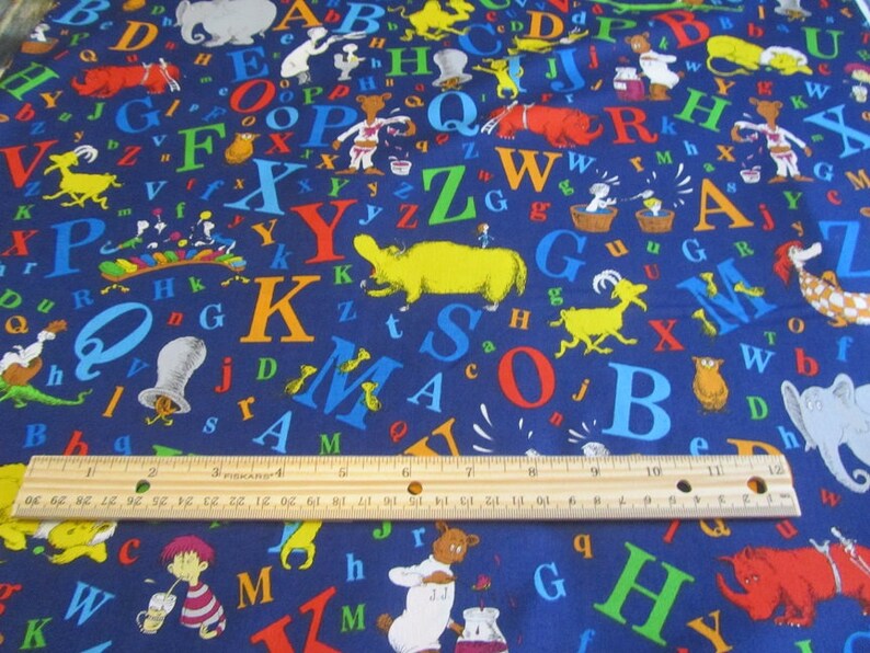 Blue Dr Seuss Characters ABC Cotton Fabric by the Yard
