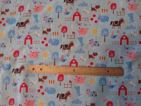 Farm Animals Rooster Chicken Cow Horse Pig Sheep Ducks Cat on Blue Farm Novelty Fabric Farm Animals Comfy Flannel Fabric