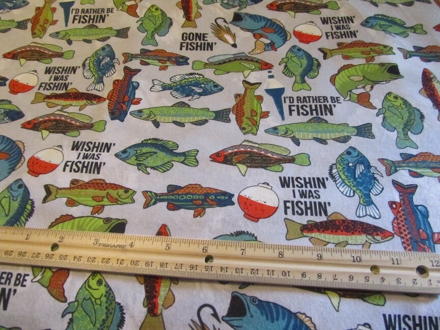 White With Multicolored Fish Gone Fishing Flannel Fabric by Etsy