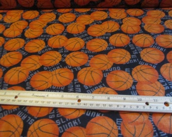 Black With Orange Basketball Slam Dunk Flannel Fabric  by the Yard