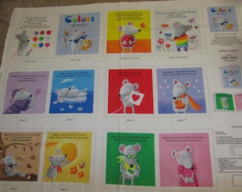 May include: A fabric panel with illustrations of mice learning about colors. The panel features a title "Colors" and text describing each color. The panel is divided into 10 squares, each featuring a different color and a mouse.