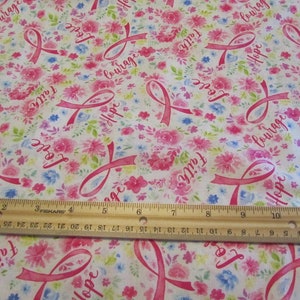 White with Pink  Ribbons/Words/Flowers Breast Cancer Awareness Cotton Fabric by the Yard
