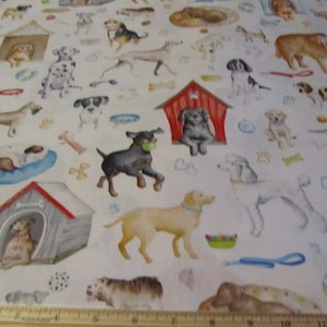 White With Multicolored Dog Toss Cotton Fabric by the Yard